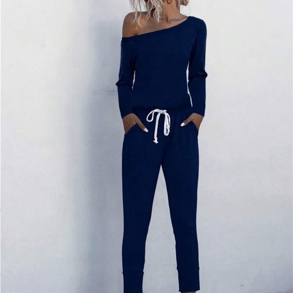 Classic Elegant Asymmetrical Neck Long Sleeve Tie Waist Tee Jumpsuit Navy Blue - Picture 3 of 5